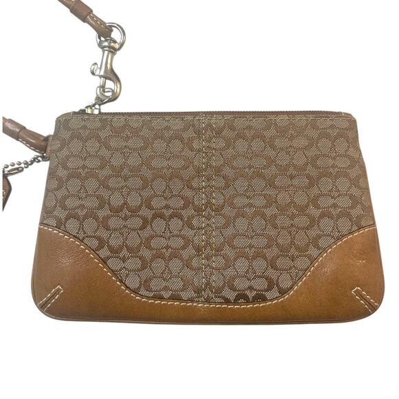 Coach Signature Wristlet Khaki Brown Canvas & Leather Small Pouch - Picture 2 of 5
